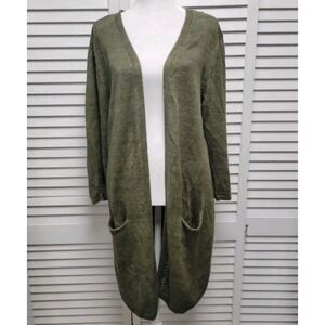 Talbots Petites Sz XL Olive Green Long Cardigan Pockets 100% Linen Fly Away Open
